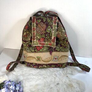 Vintage Quilted Cottagecore Fabric Drawstring Backpack 1990s Floral Bag Taupe